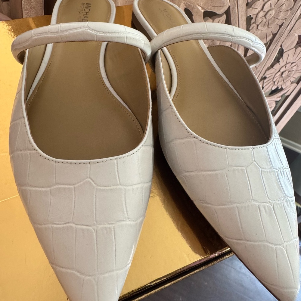 Michael Kors White Croc-Embossed Mules